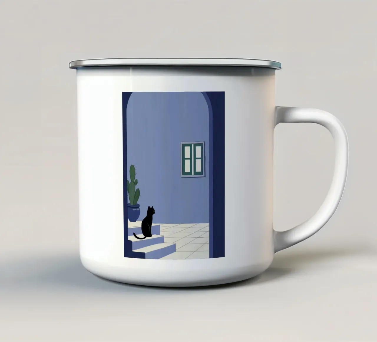 Gatto da cortile in contemplazione tazza in smalto da Flock Reverie