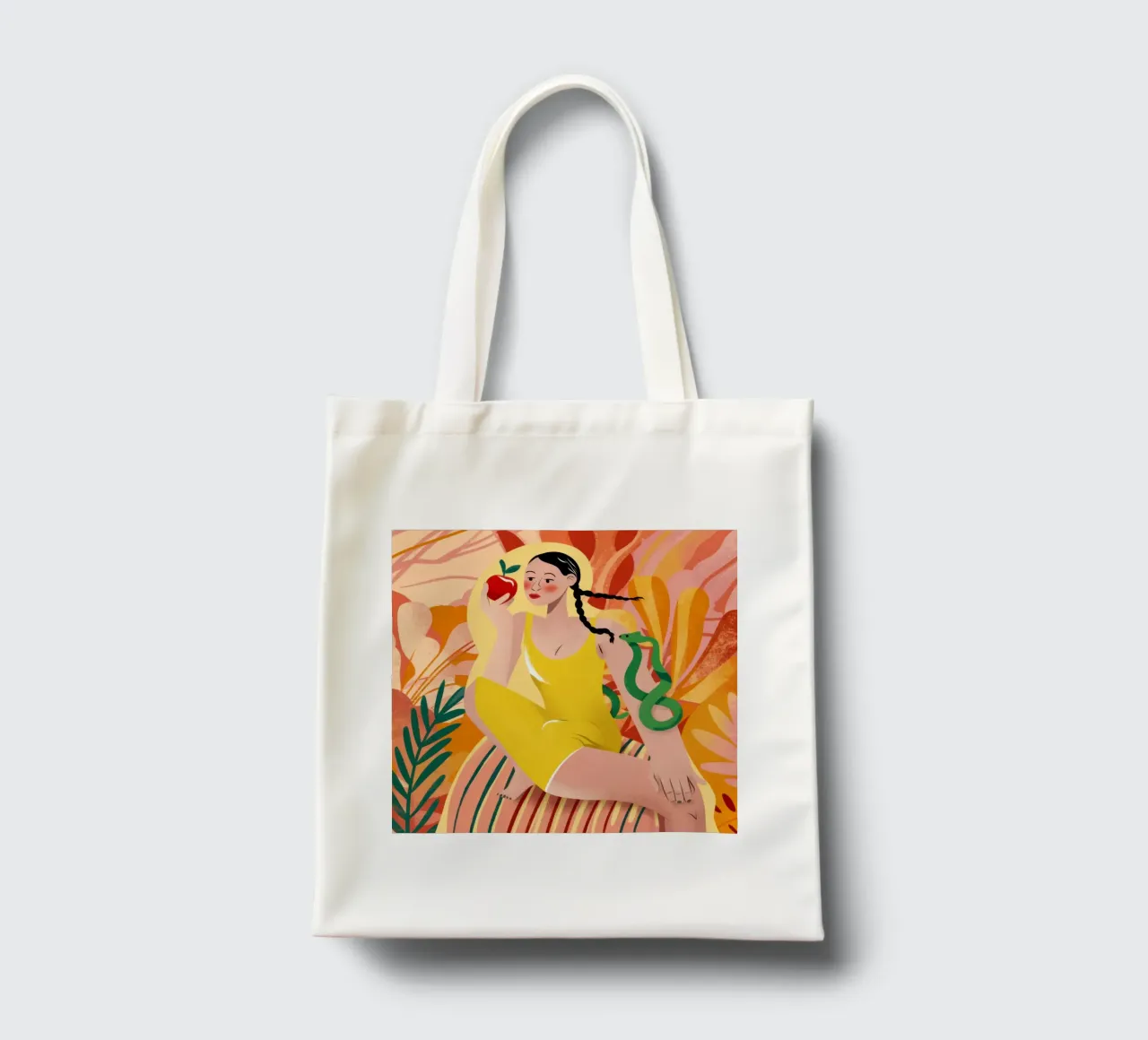 Woman with Summer Snake tote bag by Veil Maya