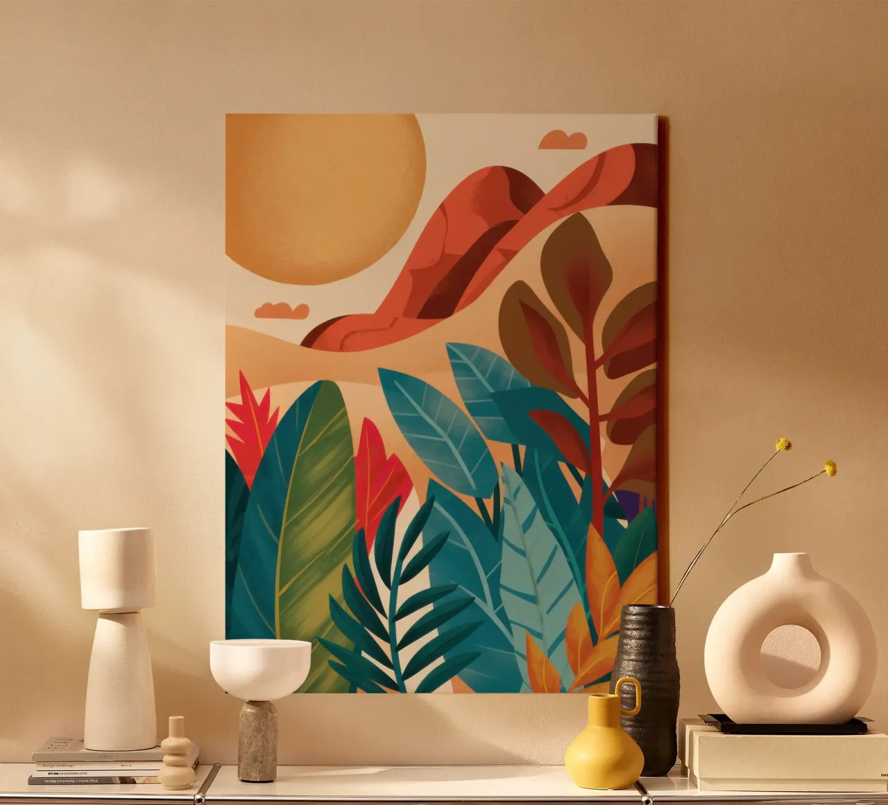 Ochre Abstract Horizon Leinwand mit Schattenfugenrahmen von Prism Ritual