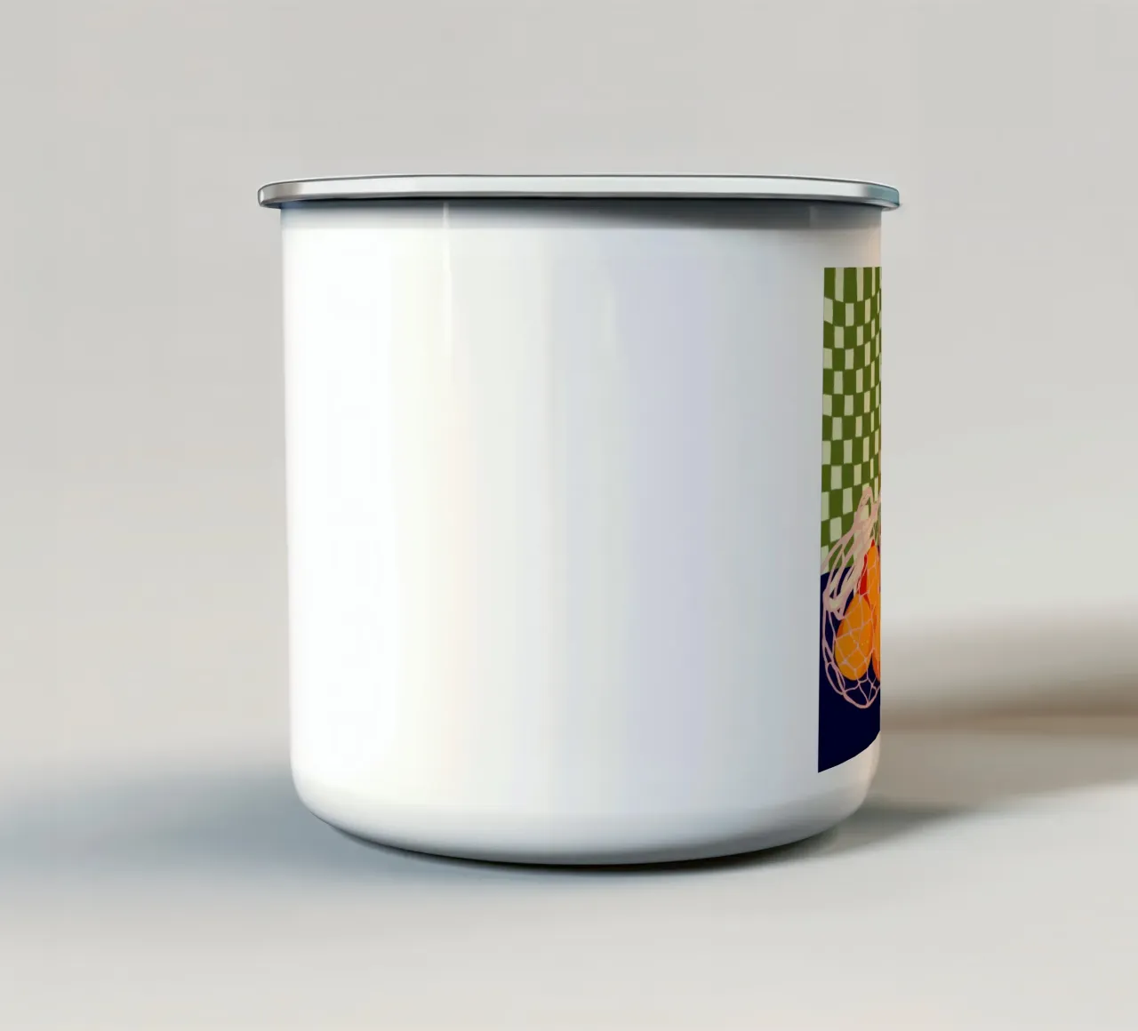 Natura morta in cucina con arance tazza in smalto da Veil Maya