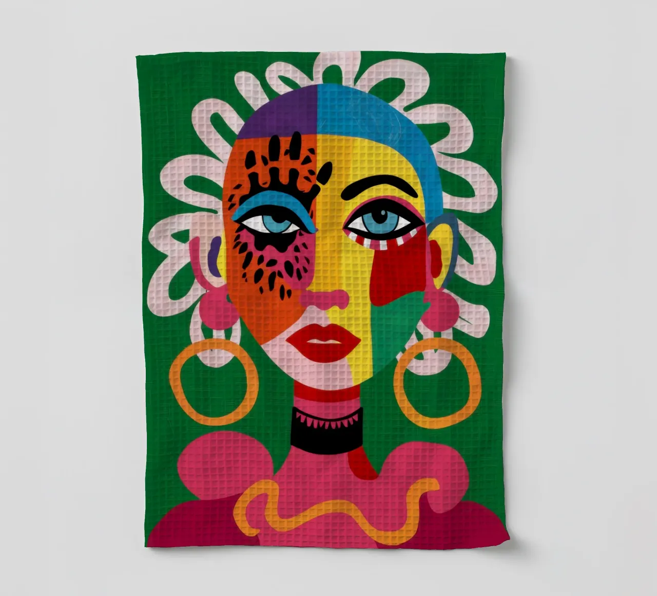 Pop Art Cubist Face Geschirrtuch von Flock Reverie