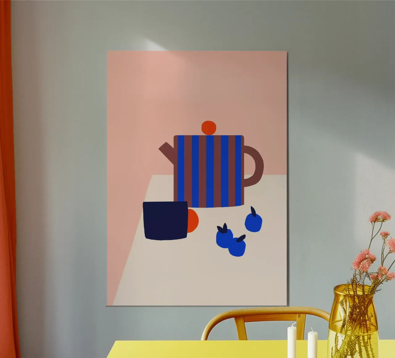 Slow Living 01 - still life of a tea pot with plums poster met kunststof frame van Maren Gross