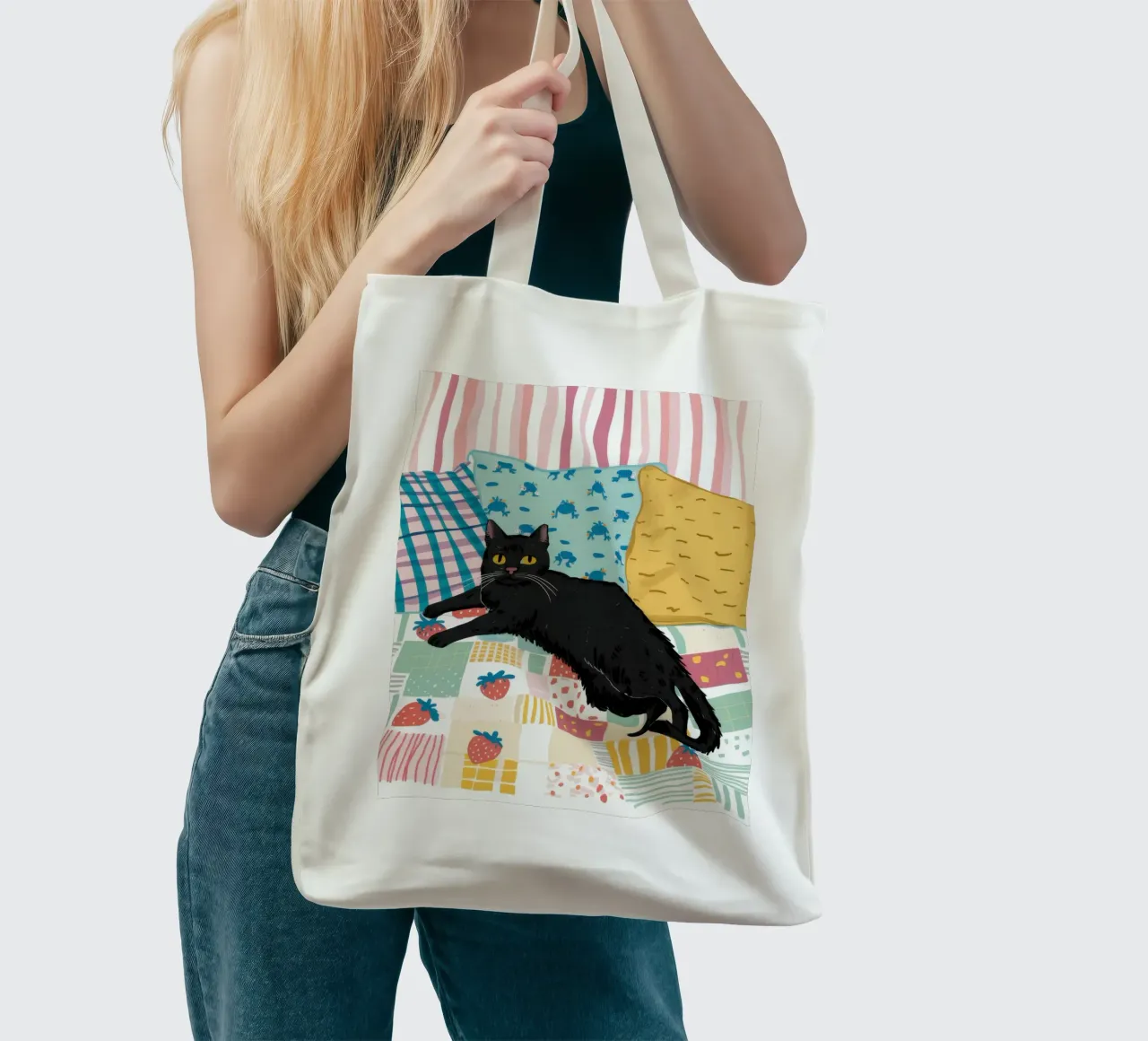The Black Cat Couch tote bag by Flock Reverie