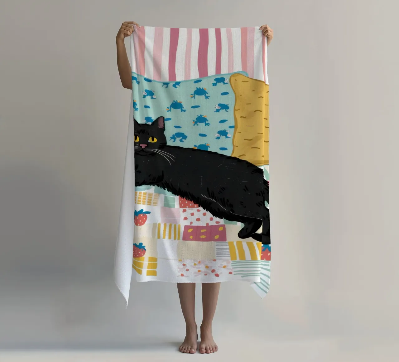The Black Cat Couch beach towel by Flock Reverie