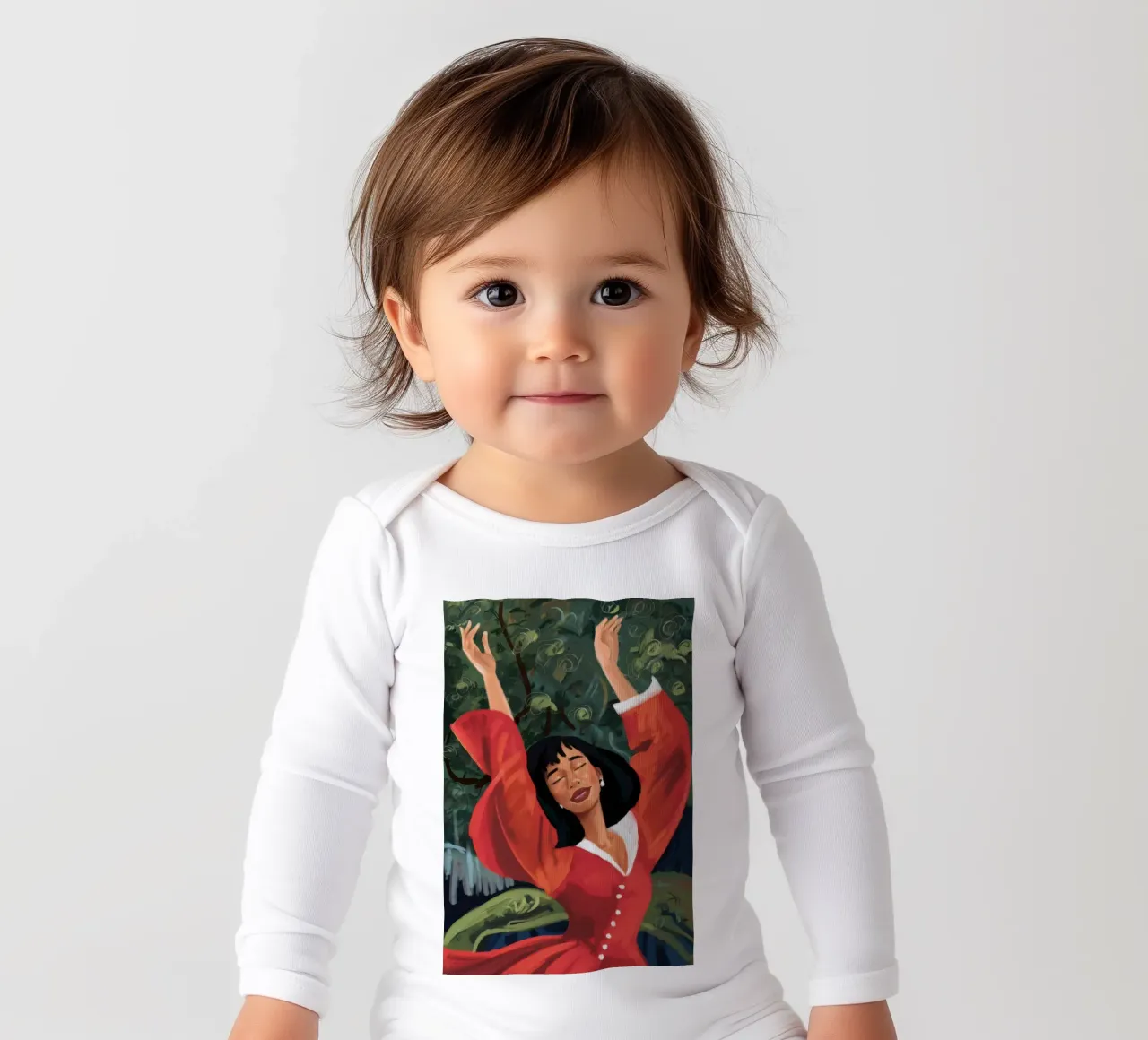 Joyful Dance of Liberation long-sleeve baby romper by Veil Maya