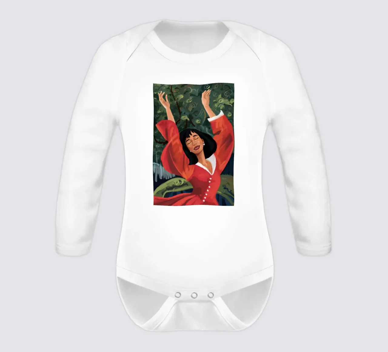 Joyful Dance of Liberation long-sleeve baby romper by Veil Maya