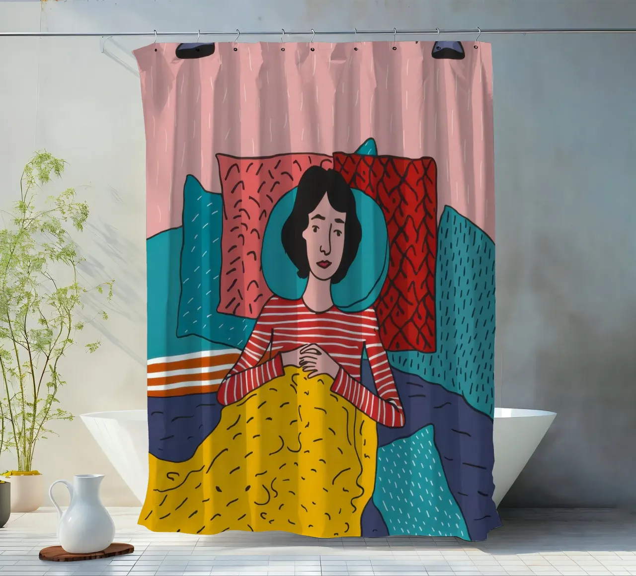Sleeping Through the Rain shower curtain by Flock Reverie
