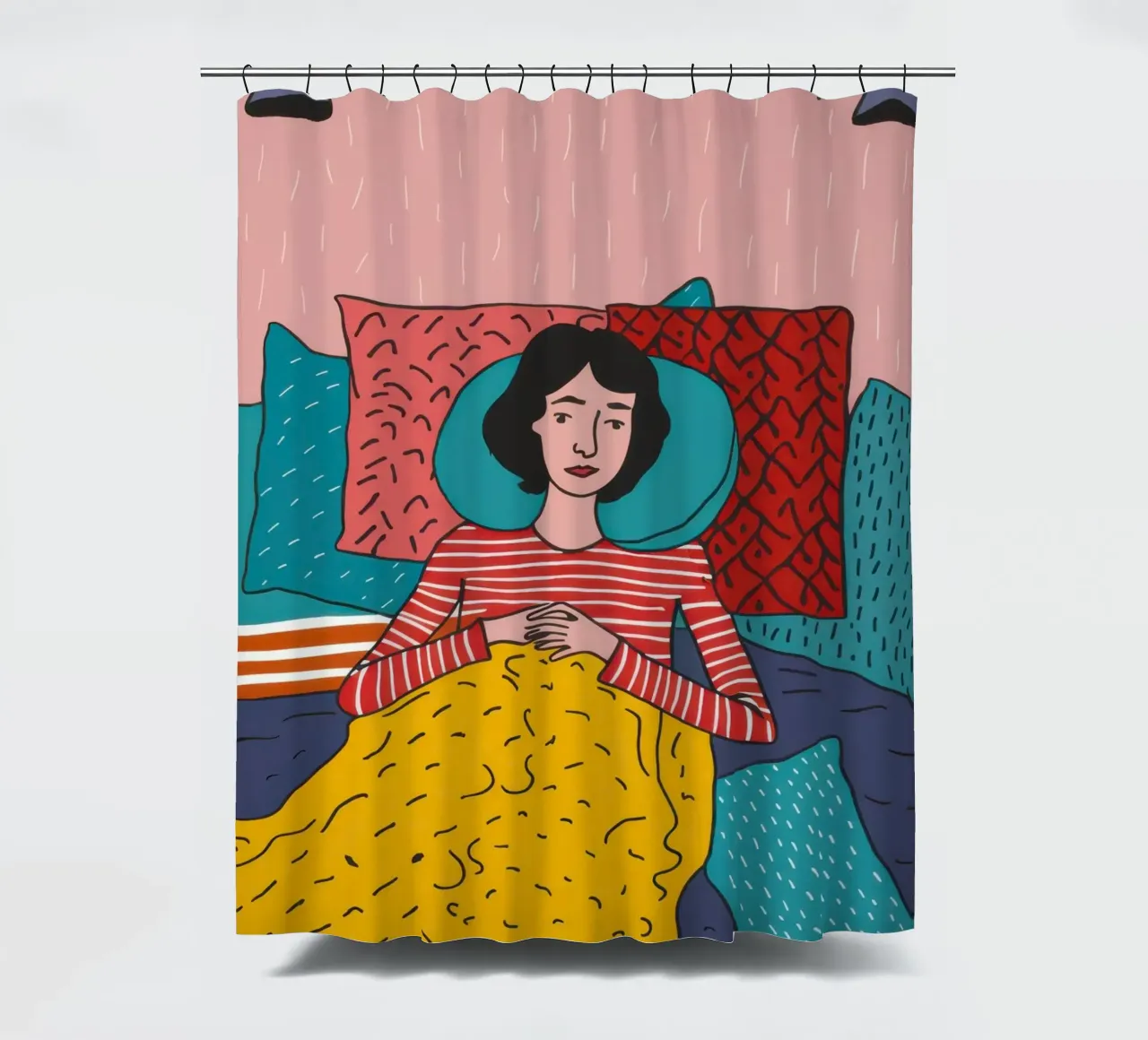 Sleeping Through the Rain shower curtain by Flock Reverie