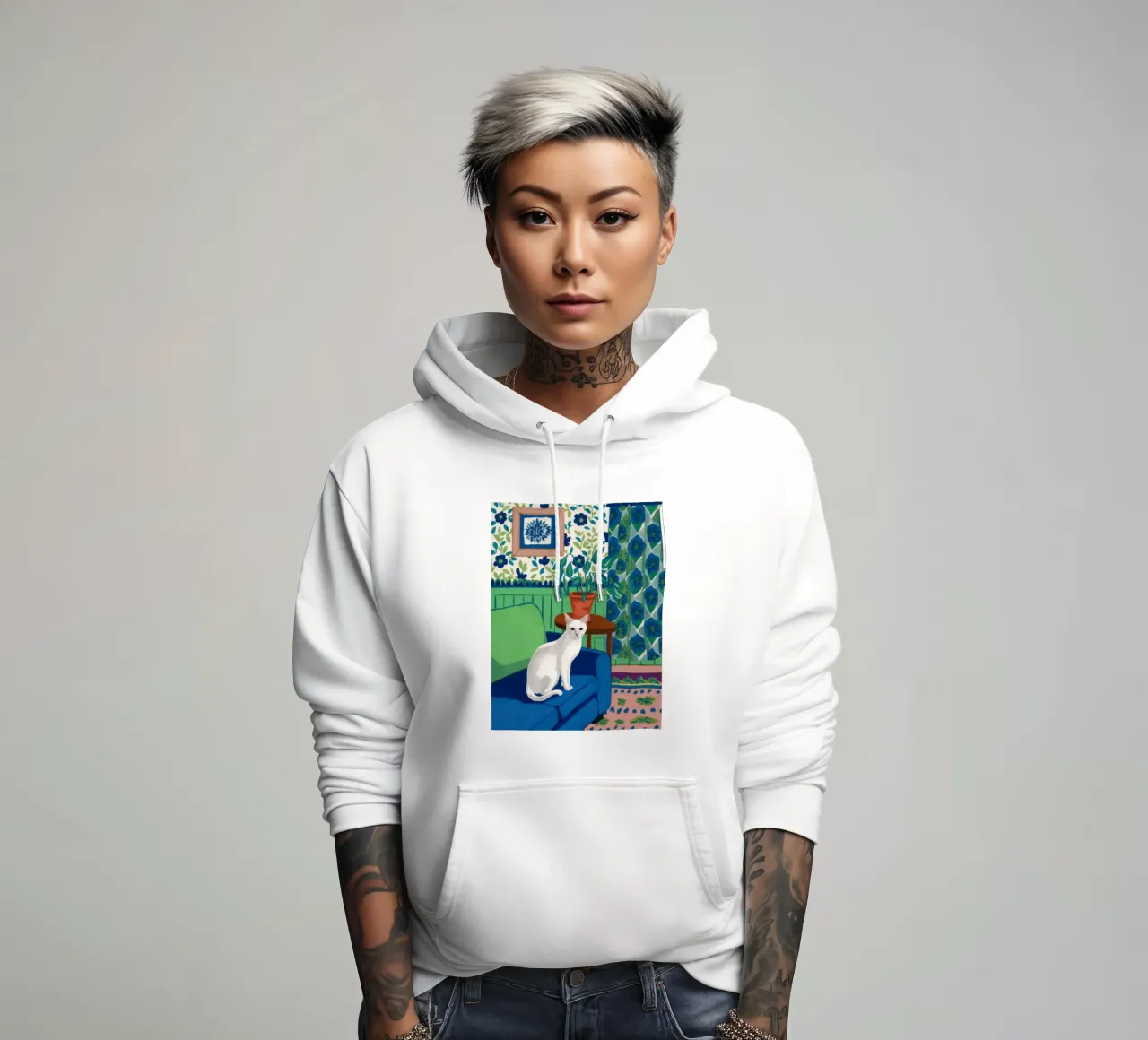 Weiße Katze Repose Hoodie von Flock Reverie