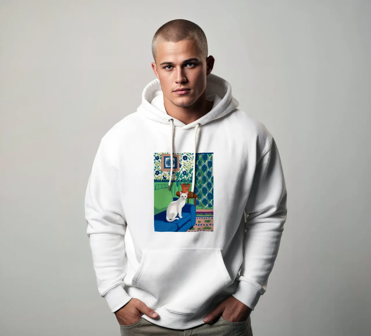Weiße Katze Repose Hoodie von Flock Reverie