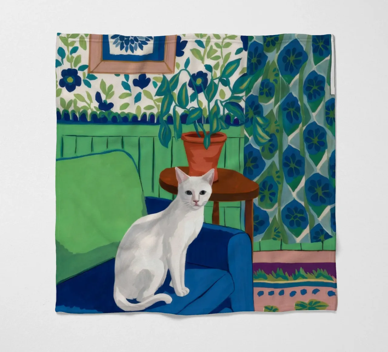 White Cat Repose fleece blanket by Flock Reverie
