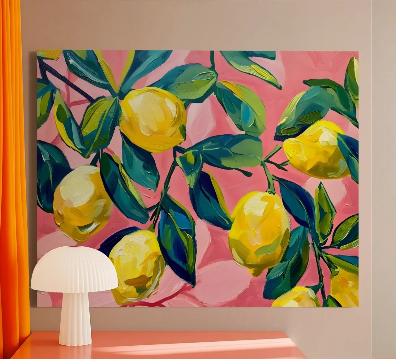 Lemons with leaves and background in pink canvas with Floater frame by Yaso Design & Art
