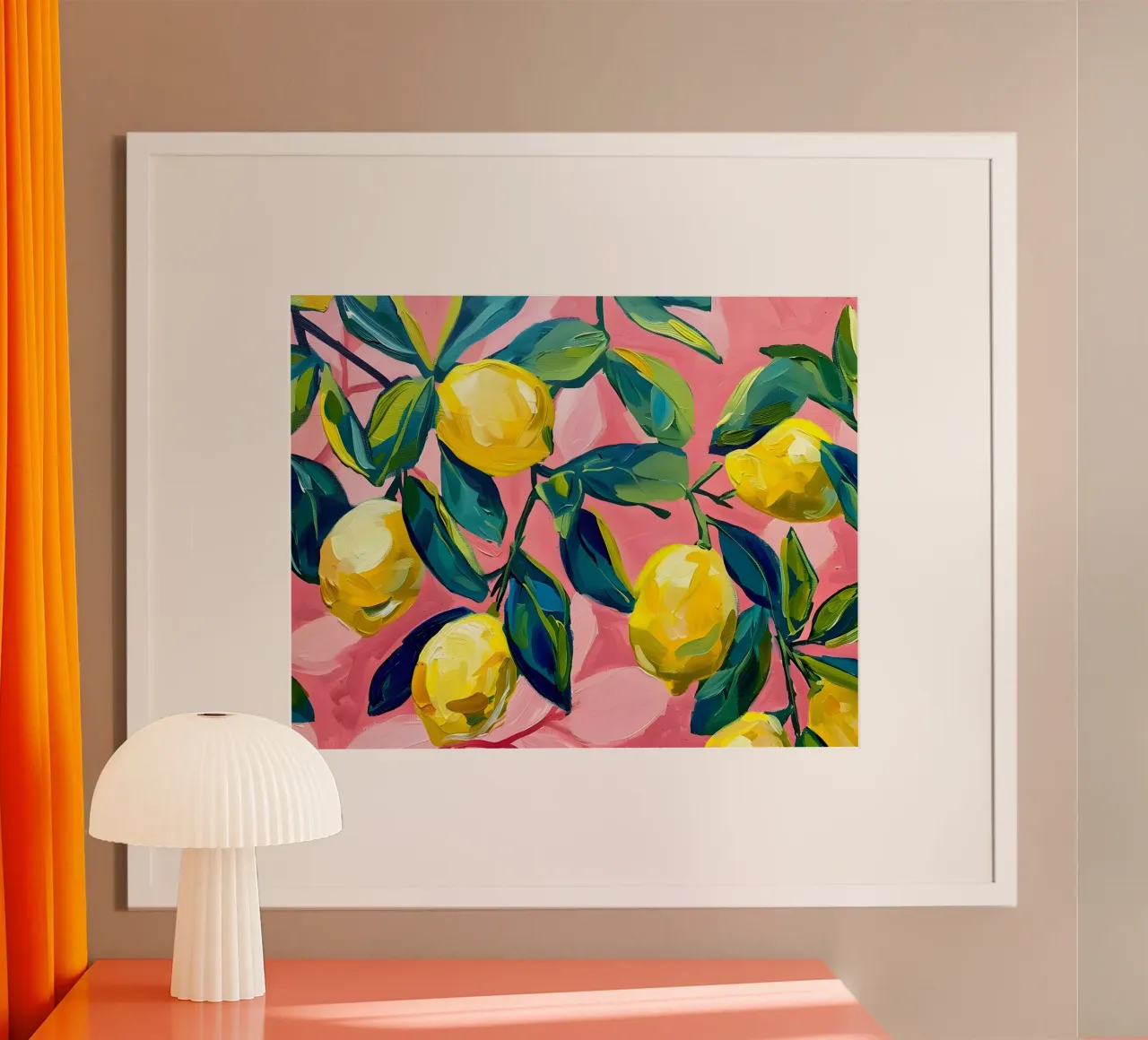 Lemons with leaves and background in pink poster by Yaso Design & Art
