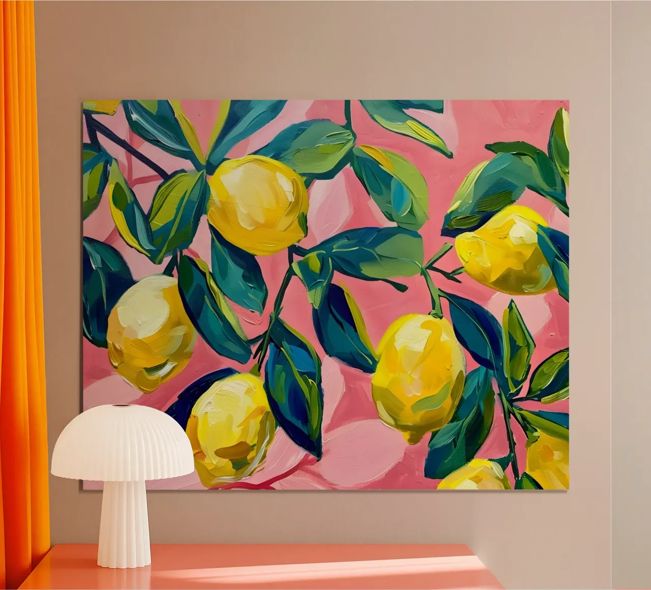 Lemons with leaves and background in pink poster by Yaso Design & Art