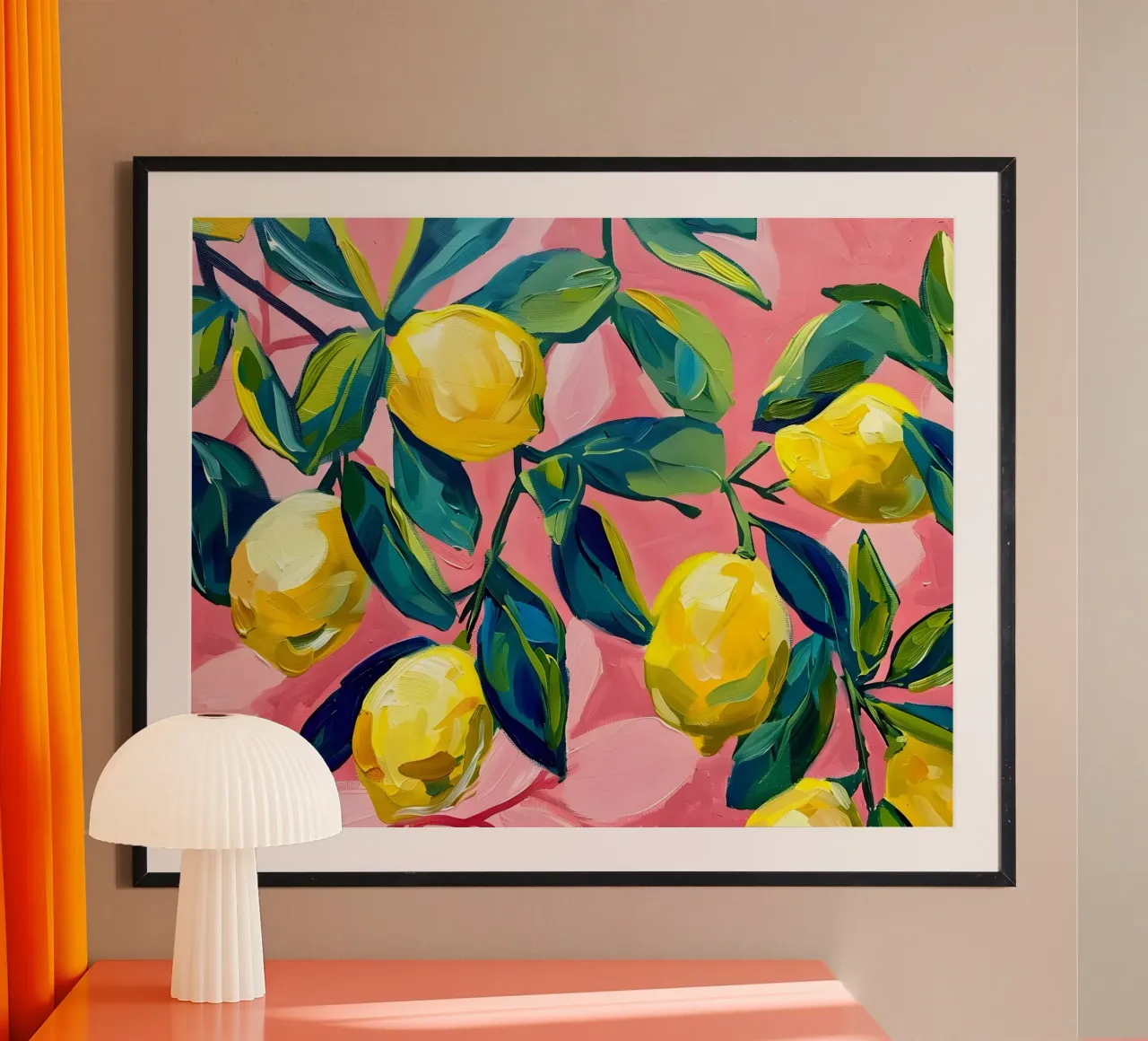 Lemons with leaves and background in pink poster by Yaso Design & Art
