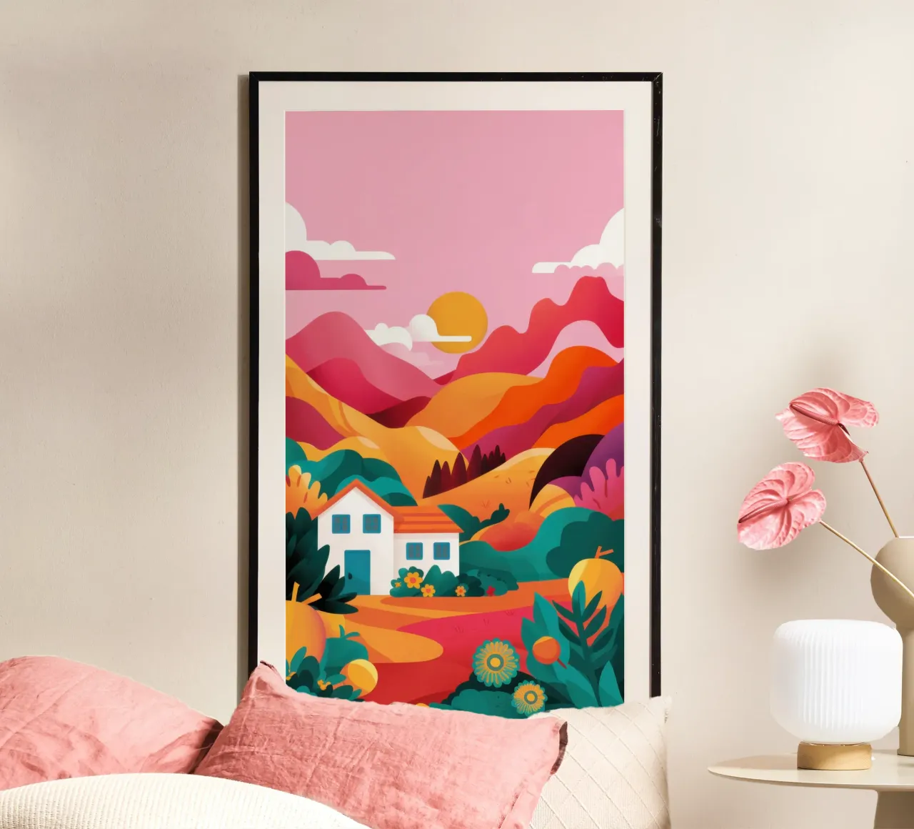 Paysage montagneux pastel poster avec cadre en plastique de Veil Maya