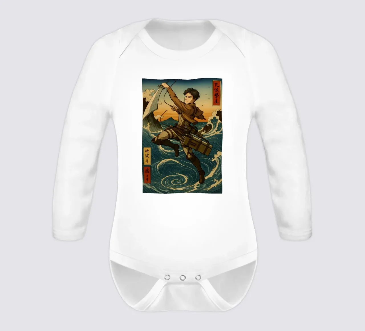 AOT Levi On Japan Wave long-sleeve baby romper by KakiHanryJP