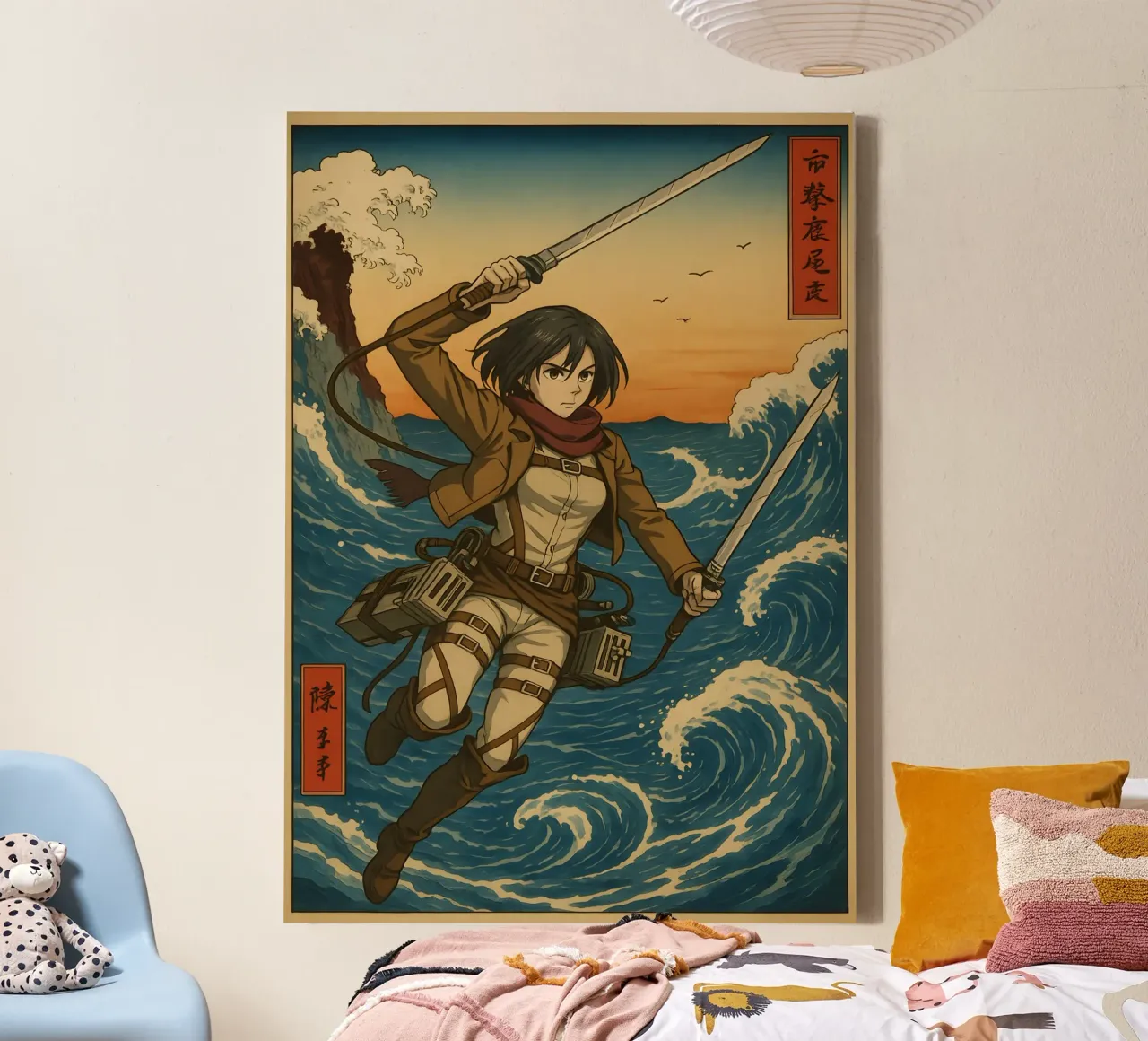 AOT Mikasa Japan Wave Art canvas met Baklijst van KakiHanryJP