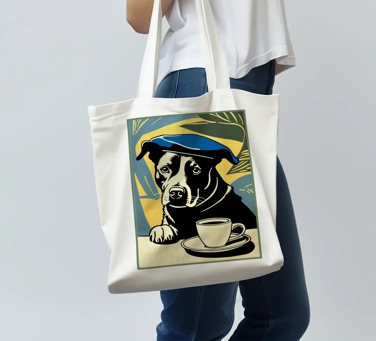 Cane con berretto e caffè borsa in juta da Drew Studio
