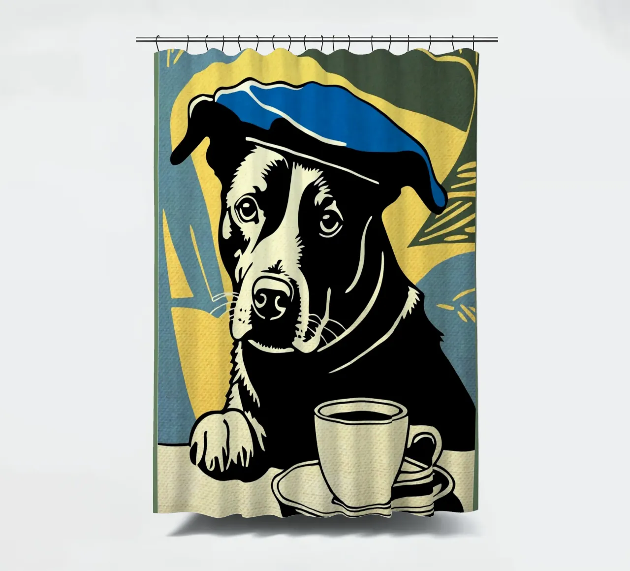 Cane con berretto e caffè tenda da doccia da Drew Studio