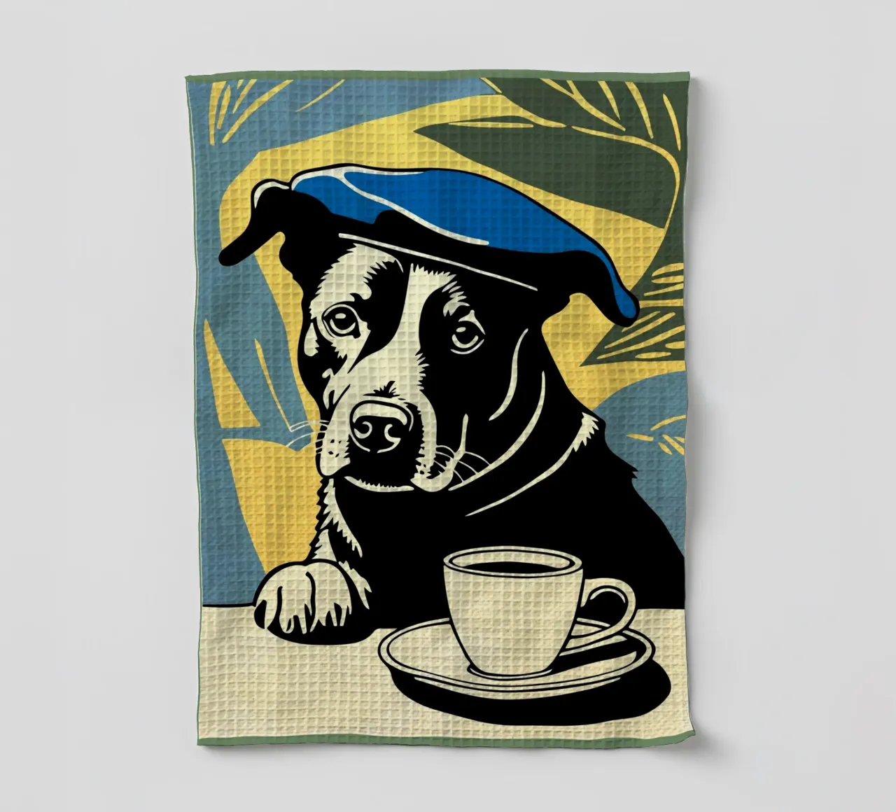 Cane con berretto e caffè canovaccio da cucina da Drew Studio