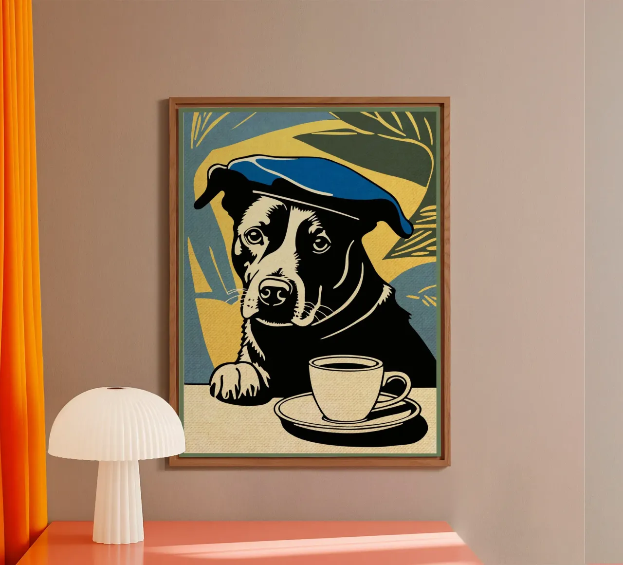Cane con berretto e caffè alluminio dibond da Drew Studio