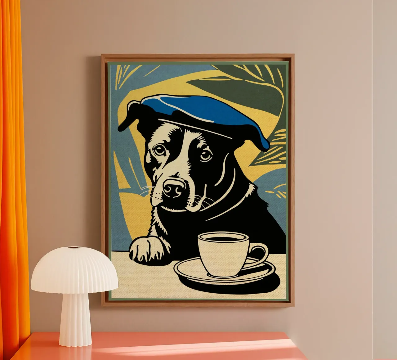 Cane con berretto e caffè tela da Drew Studio