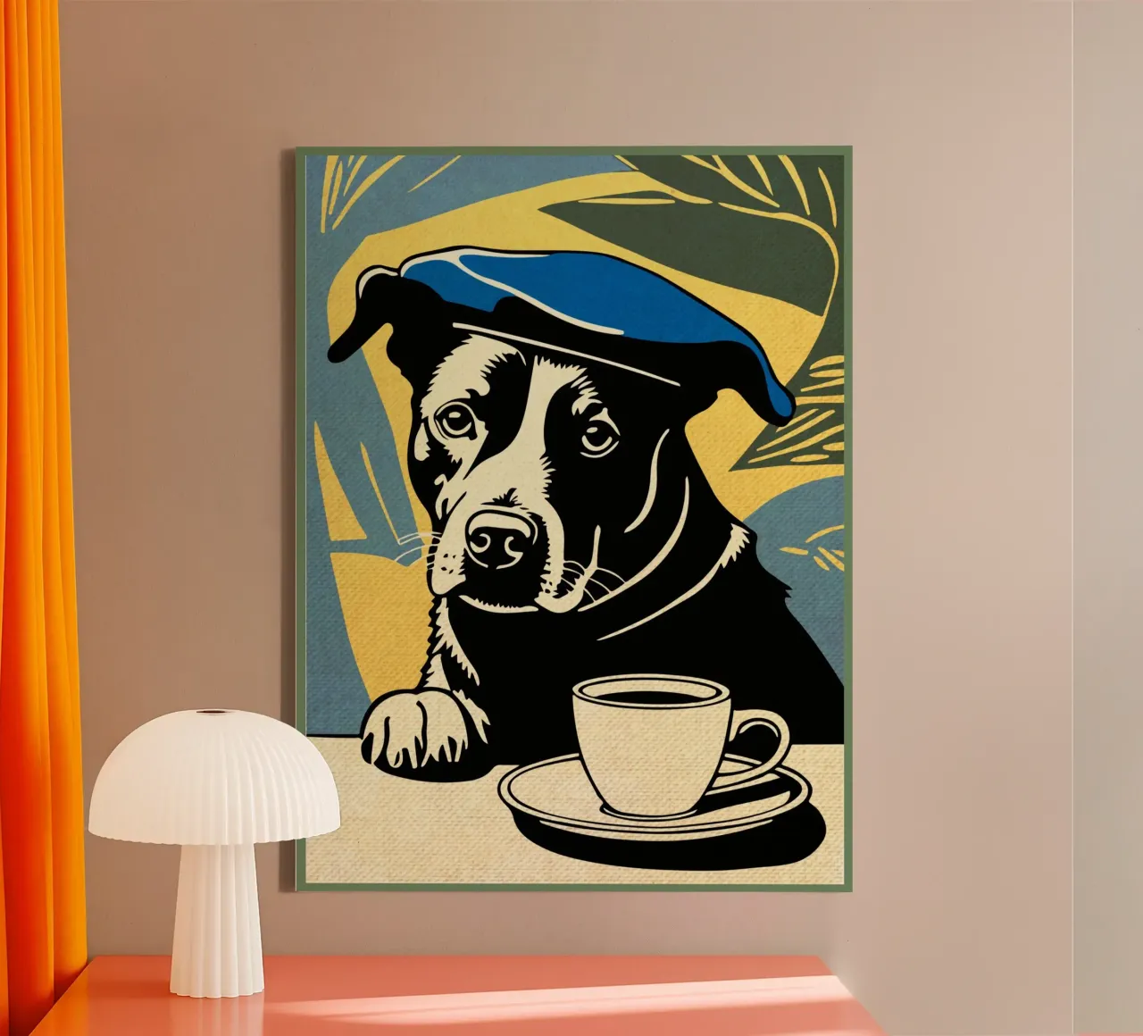 Cane con berretto e caffè tela da Drew Studio