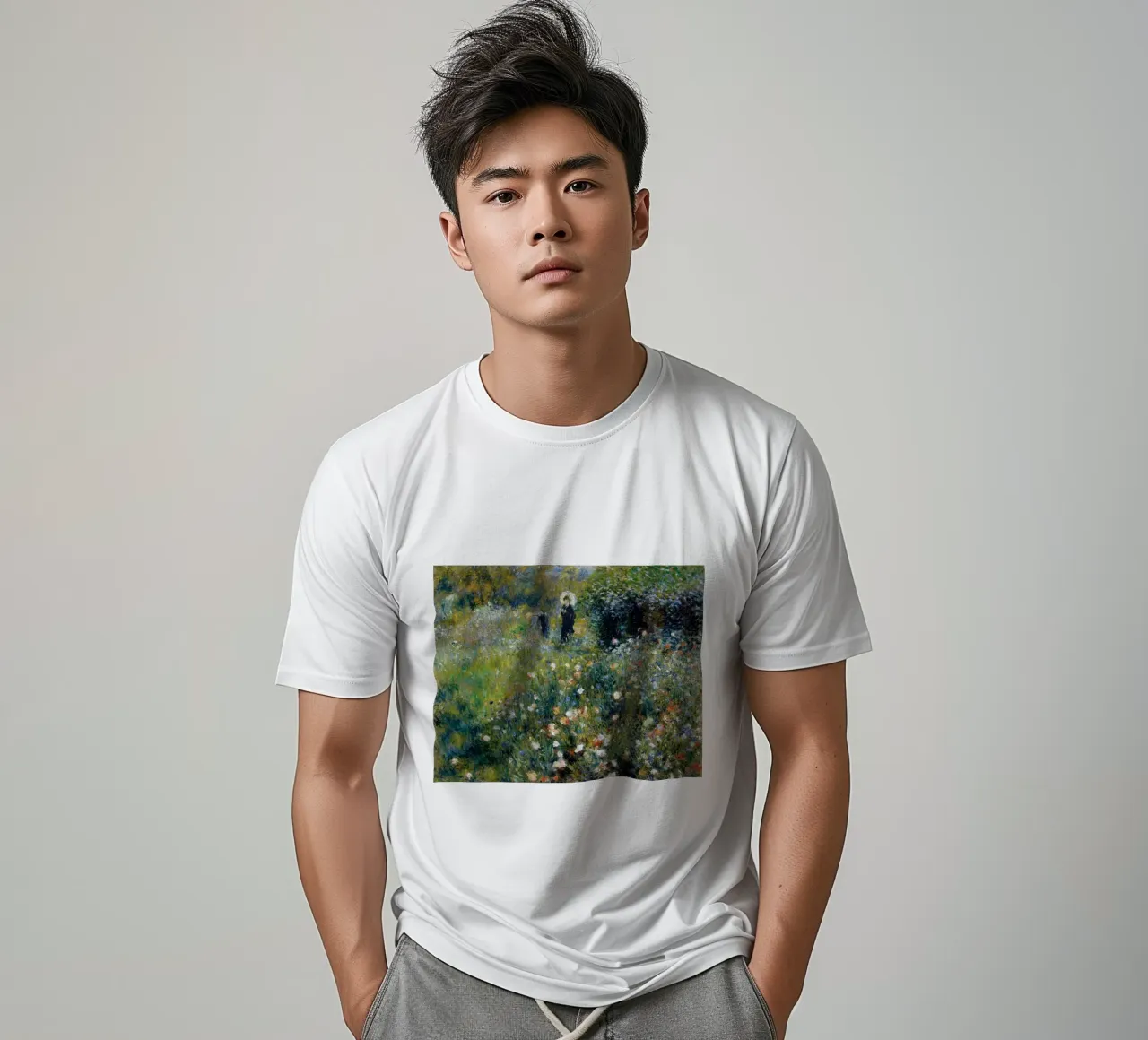 Donna con ombrellone in giardino, 1875 t-shirt da LaurelArt