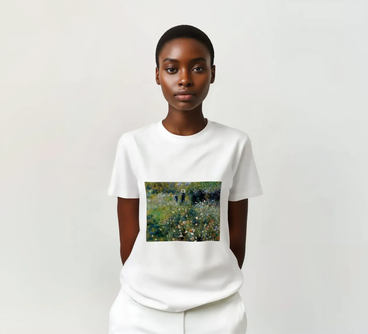 Donna con ombrellone in giardino, 1875 t-shirt da LaurelArt