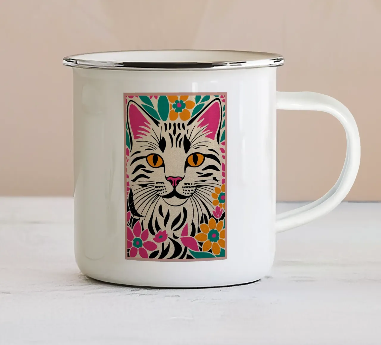 Carino il gattino con i fiori tazza in smalto da Drew Studio
