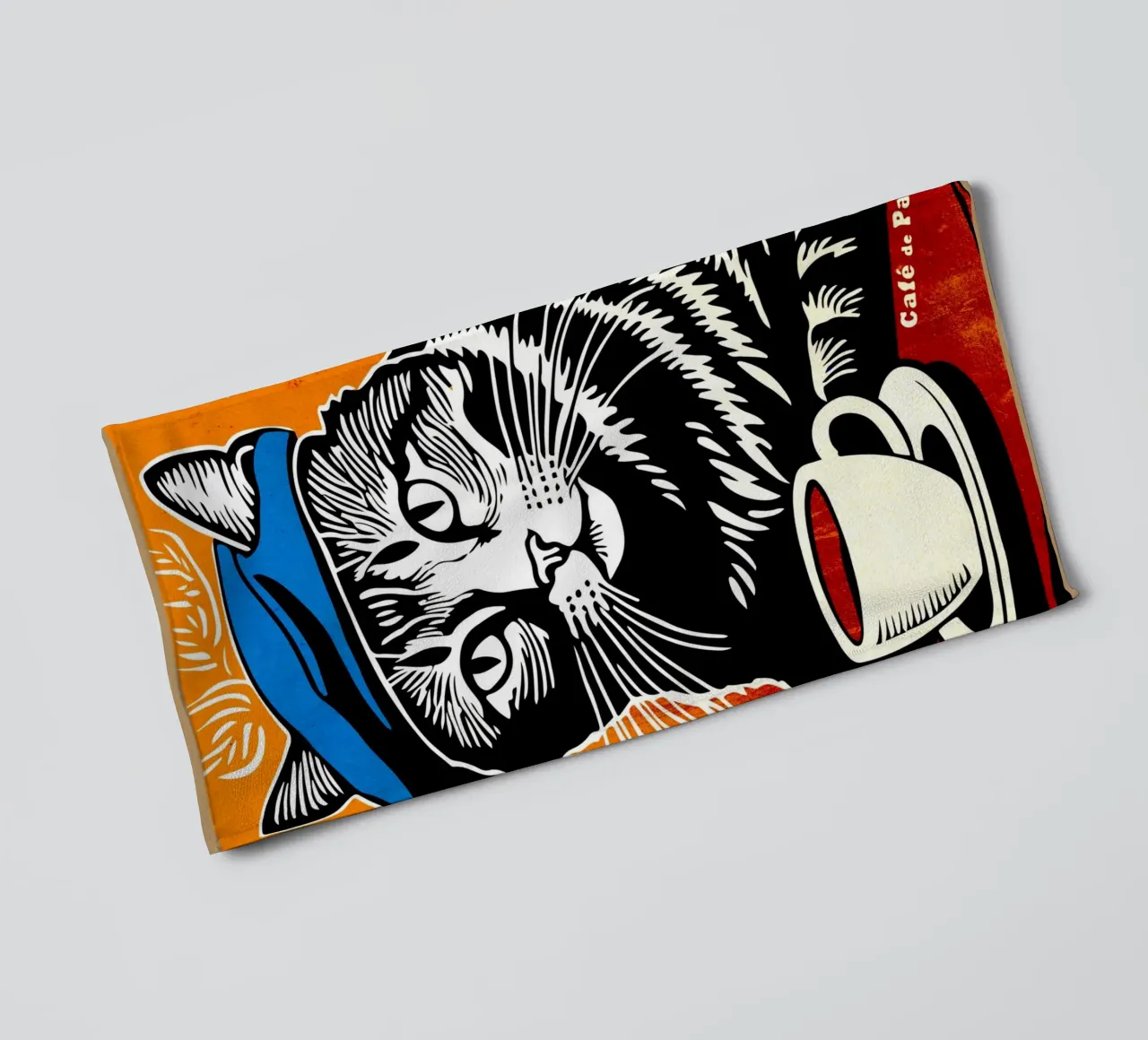 Cat in Beret with Coffee towel by Drew Studio