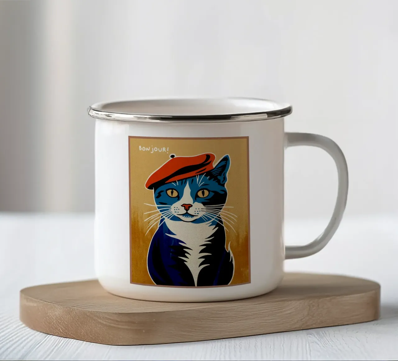 Bonjour Gatto con berretto tazza in smalto da Drew Studio