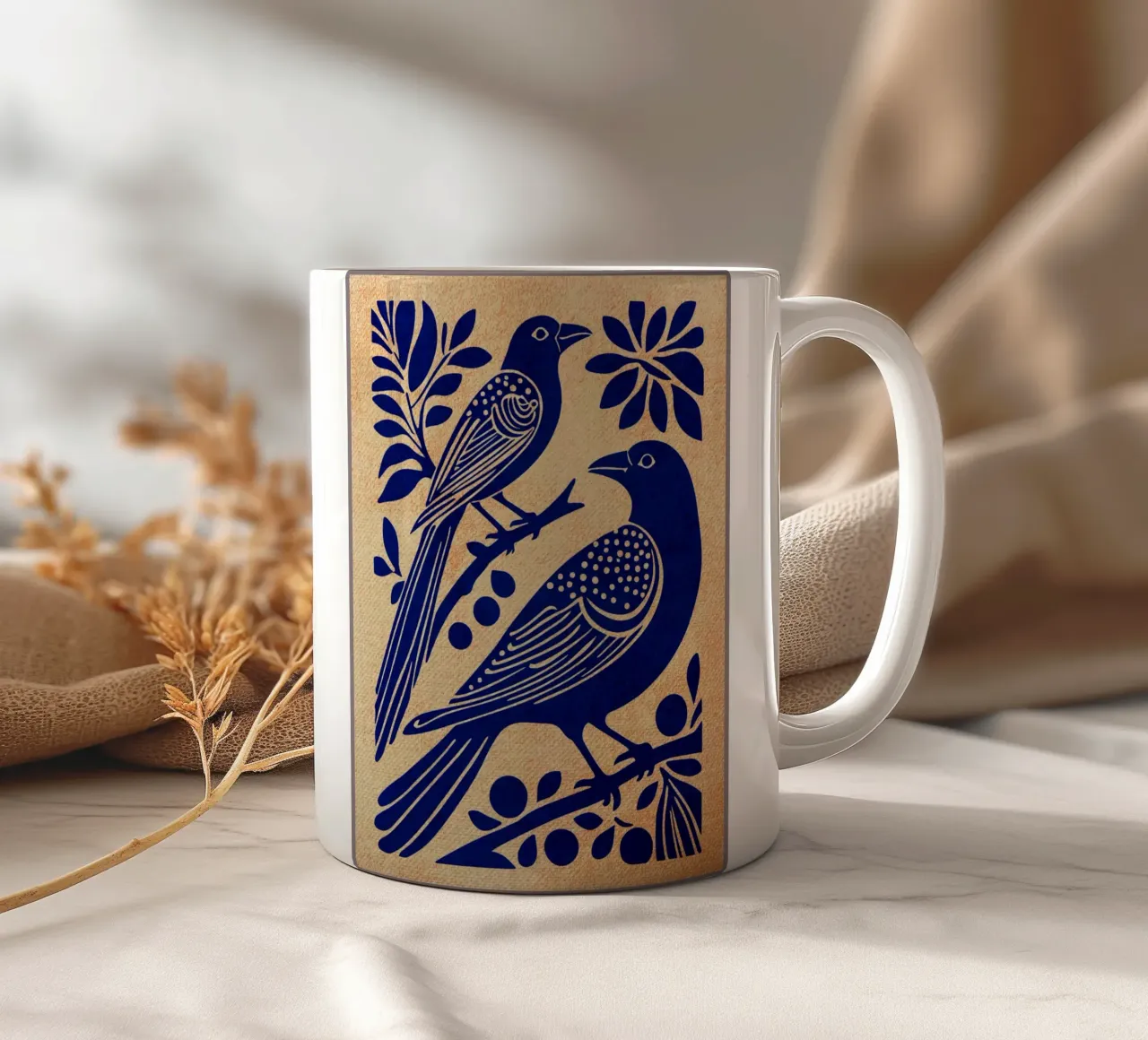 Illustrazione di uccelli blu tazza in ceramica da Drew Studio