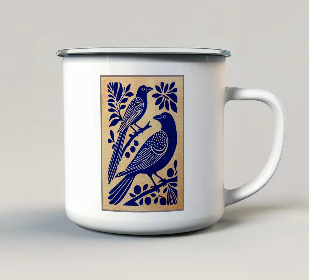 Illustrazione di uccelli blu tazza in smalto da Drew Studio