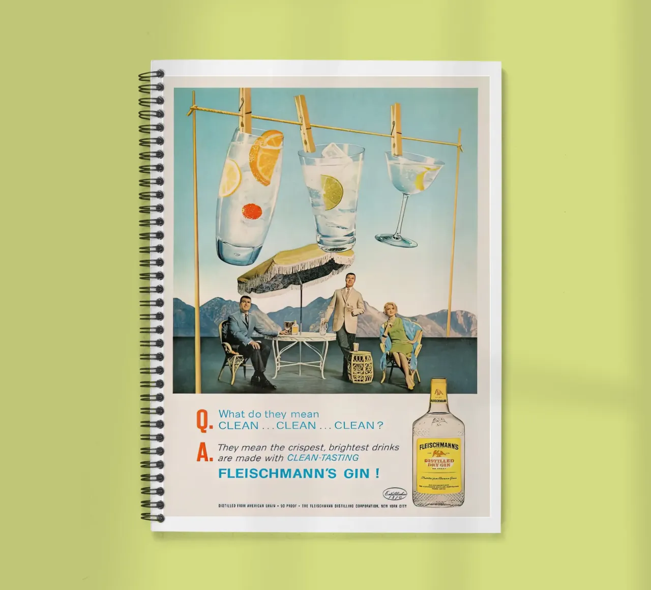 Pubblicità di un gin retrò kitsch diario ad anelli da Cocktail Drink