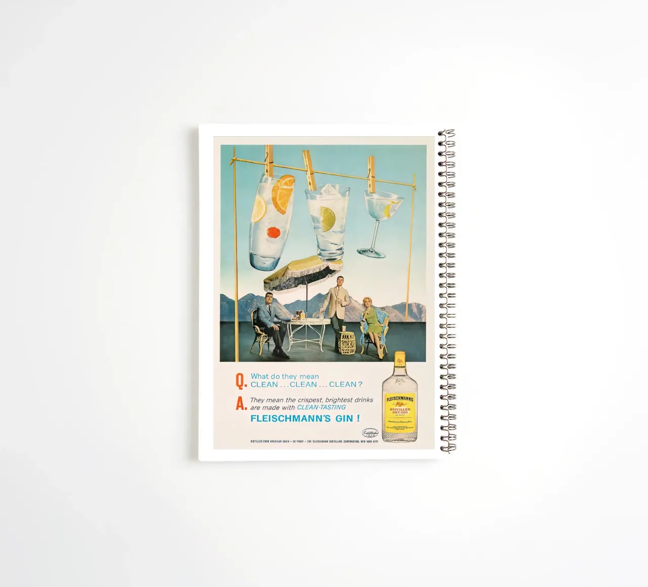 Pubblicità di un gin retrò kitsch diario ad anelli da Cocktail Drink