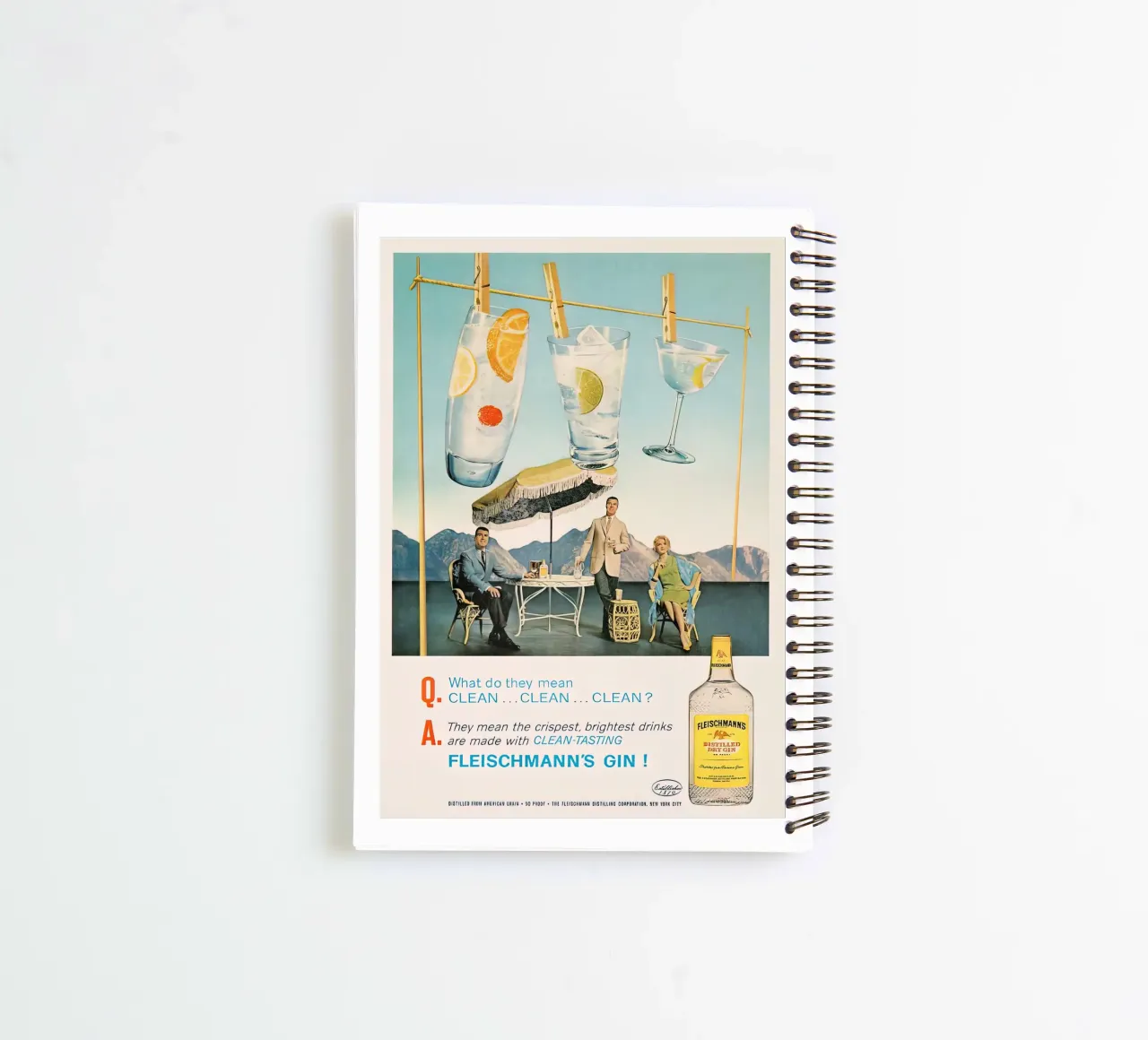 Pubblicità di un gin retrò kitsch diario ad anelli da Cocktail Drink