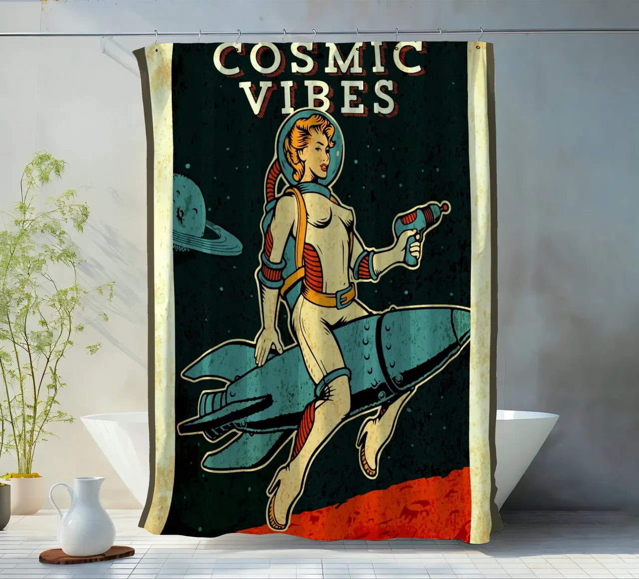 Weibliche kosmische Vibes Duschvorhang von Drew Studio