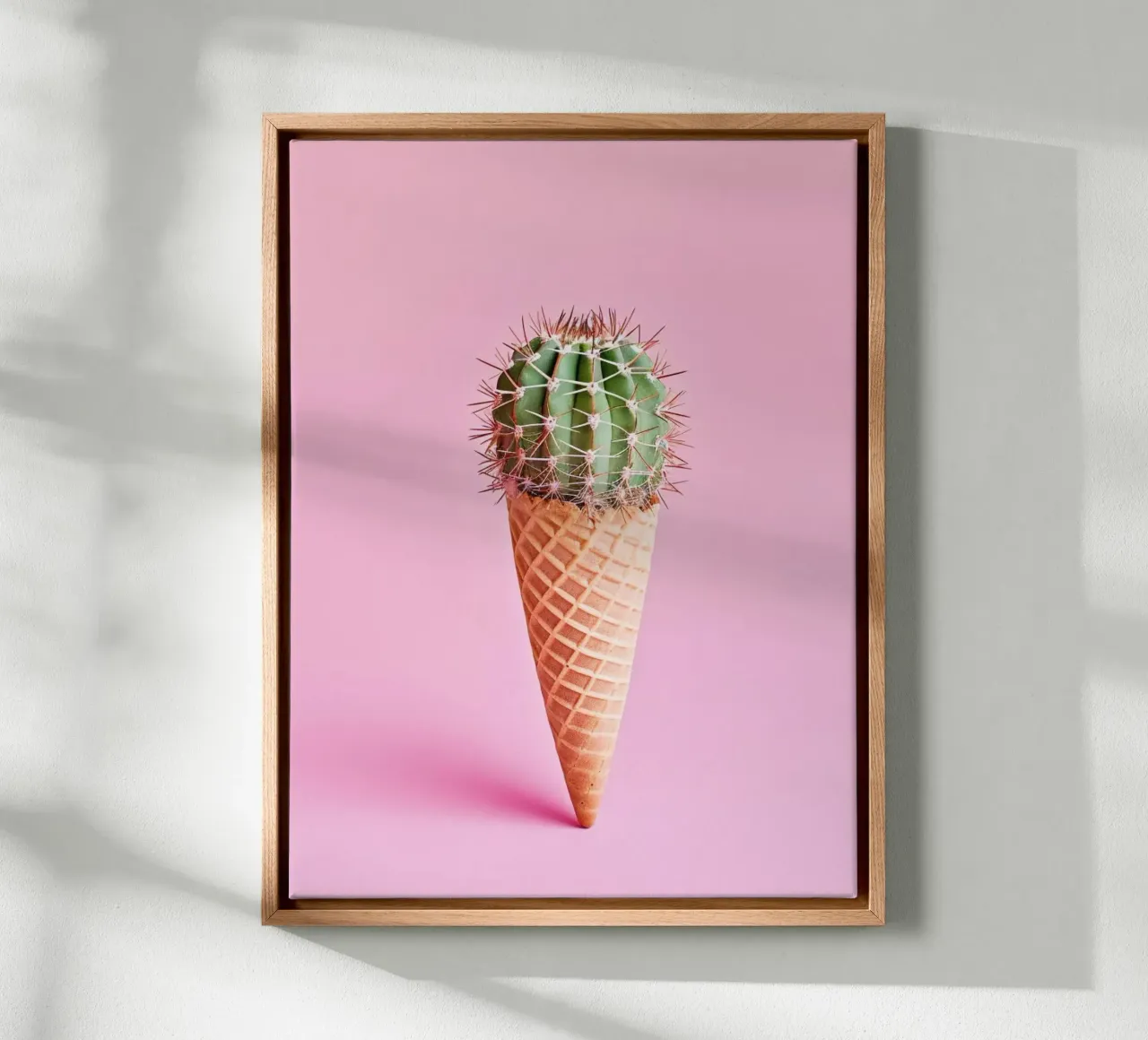 Ice cream cone with pink cactus canvas with Floater frame by Yaso Design & Art
