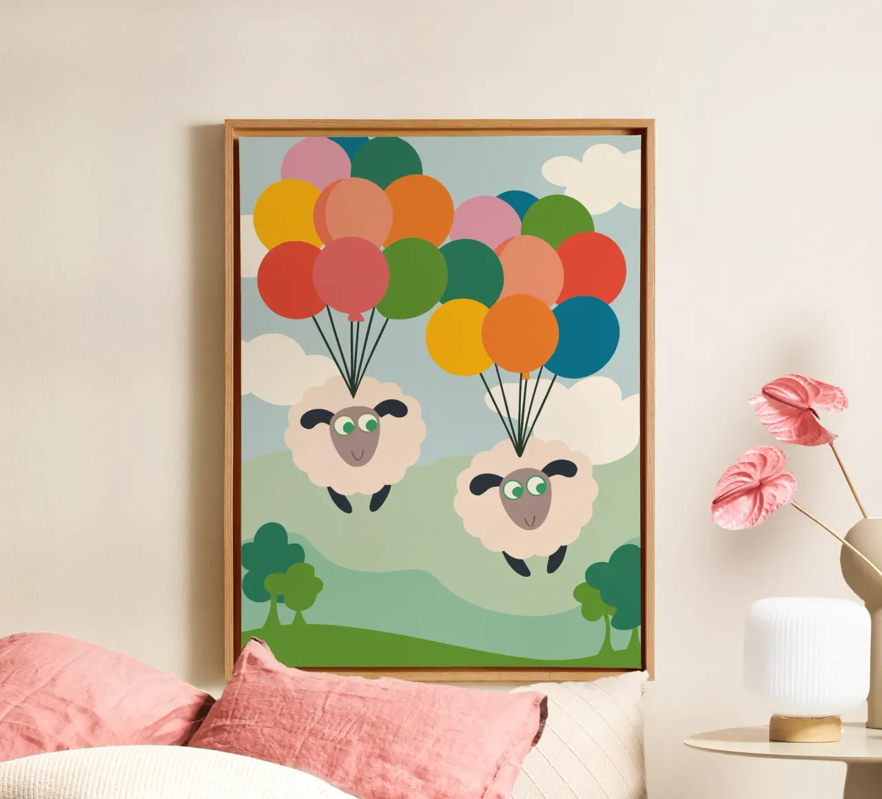 Due pecore volano con un palloncino tela con Cornice a cassetta da CUTE ANIMALS