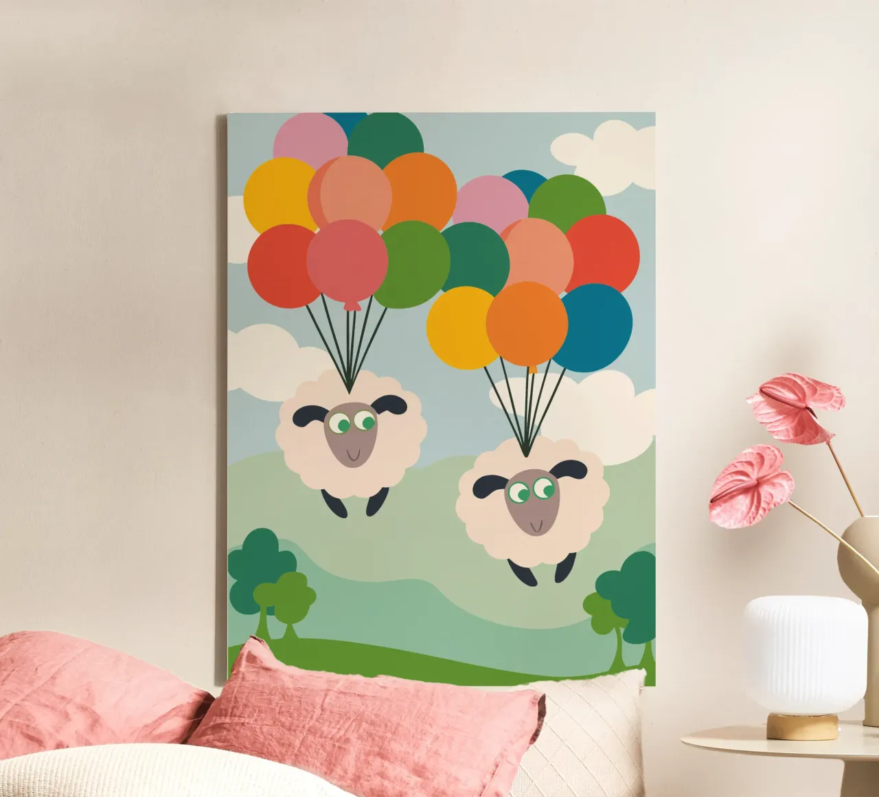 Due pecore volano con un palloncino tela con Cornice a cassetta da CUTE ANIMALS
