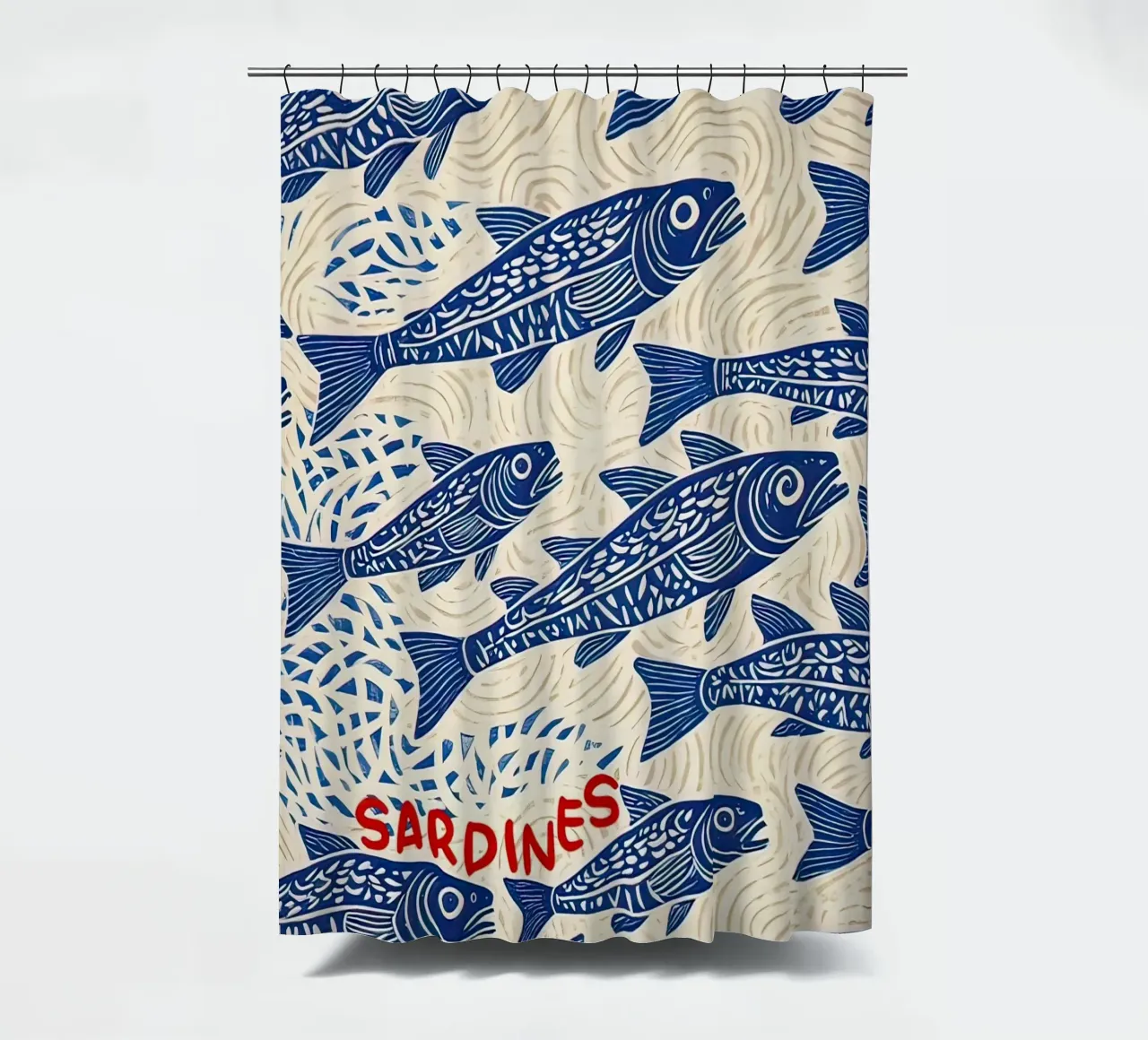 Sardine Tin Vintage Print shower curtain by Alishasteel