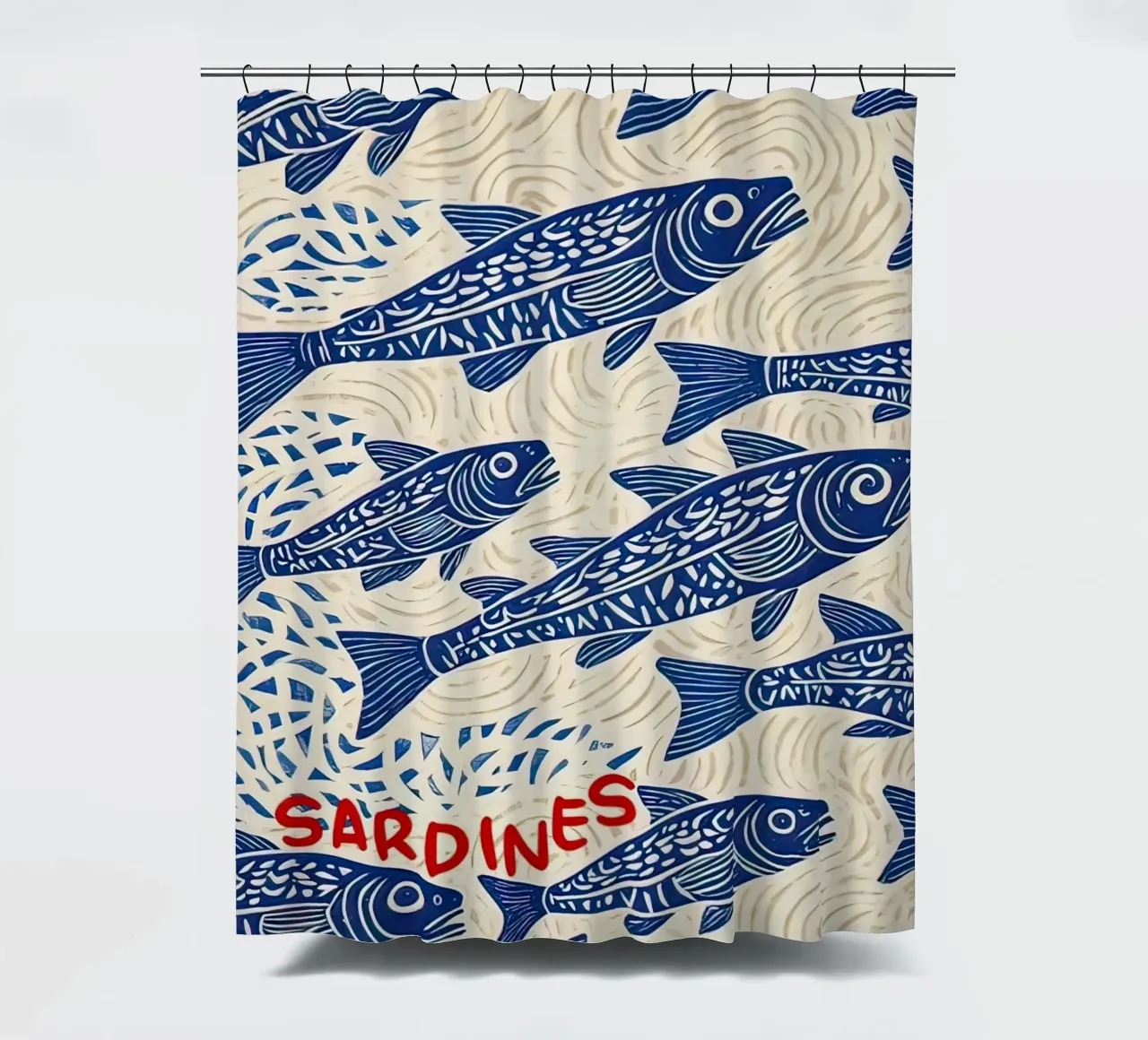 Sardine Tin Vintage Print shower curtain by Alishasteel