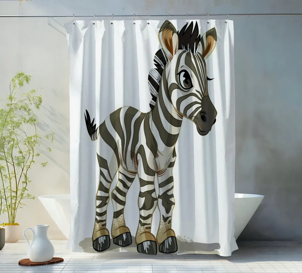 Niedliche Cartoon-Zebra-Figur in verspielter Haltung Duschvorhang von DesignDoodle