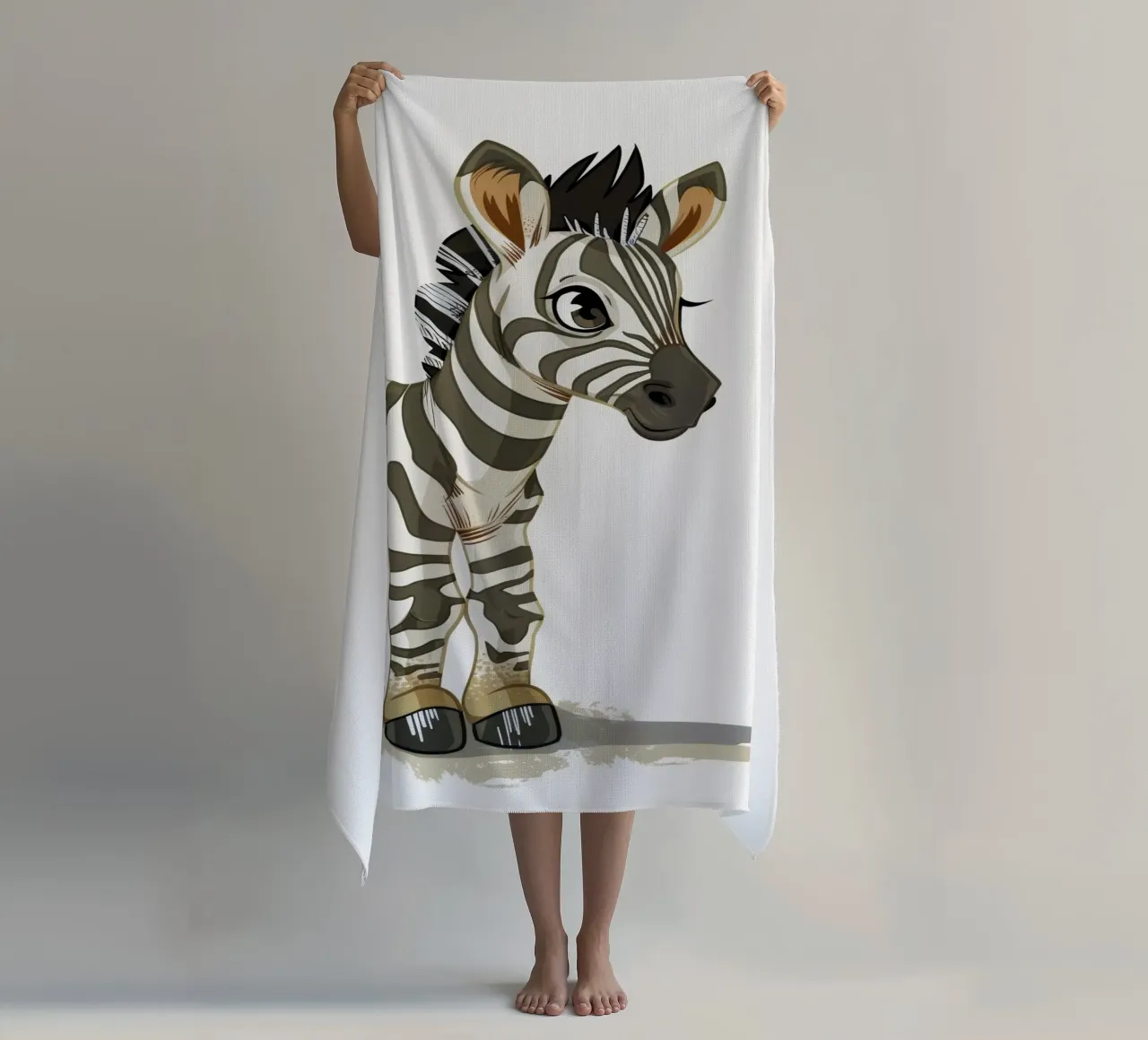 Cute cartoon zebra character in a playful stance beach towel by DesignDoodle