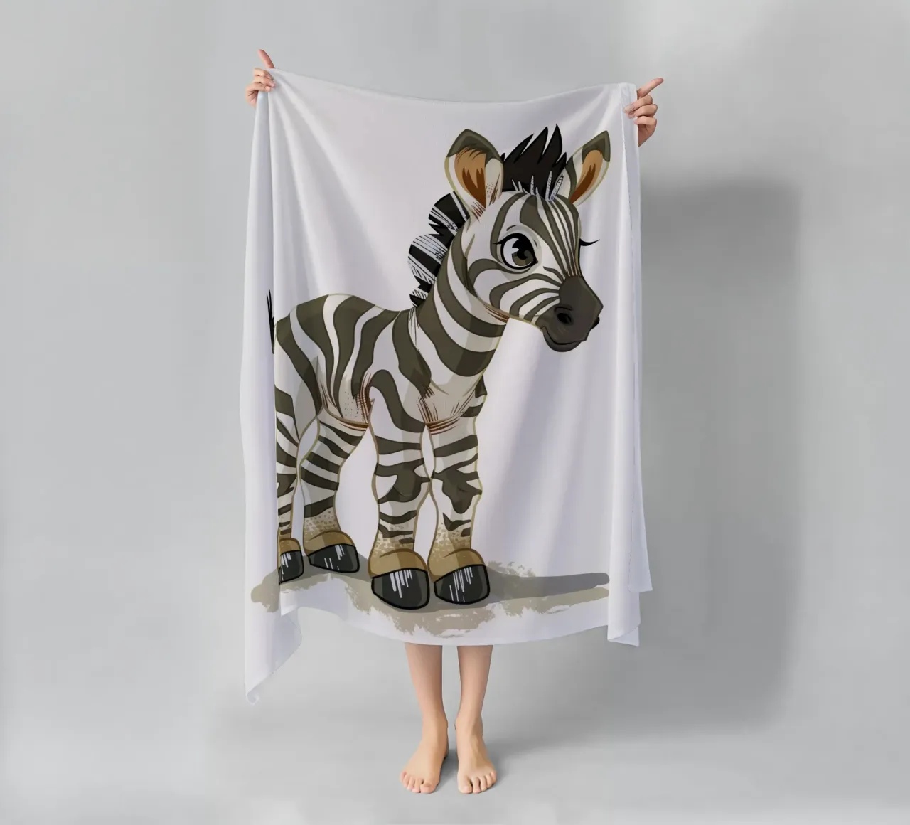 Cute cartoon zebra character in a playful stance beach towel by DesignDoodle