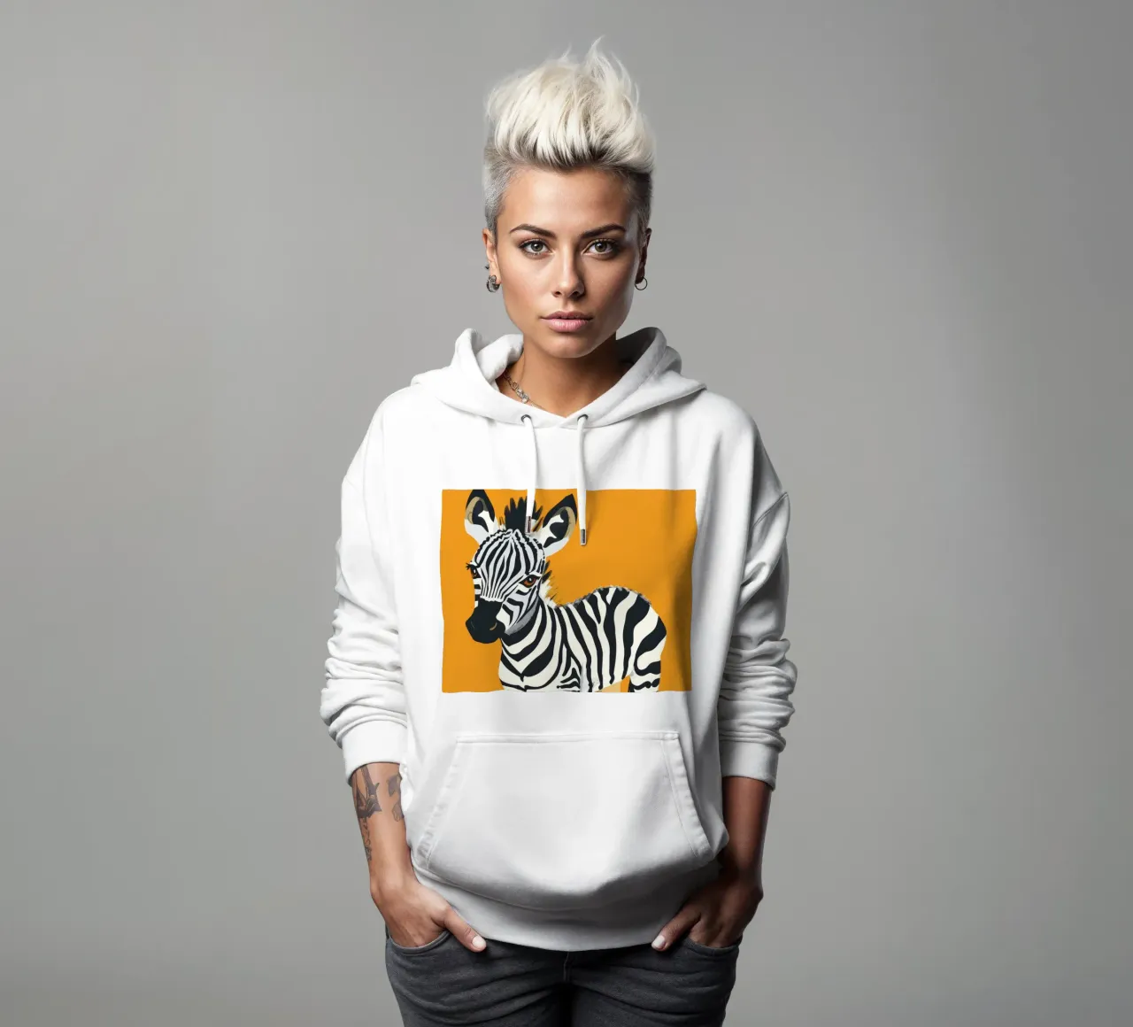 Puledro zebra carino in piedi su uno sfondo arancione brillante felpa con cappuccio da DesignDoodle