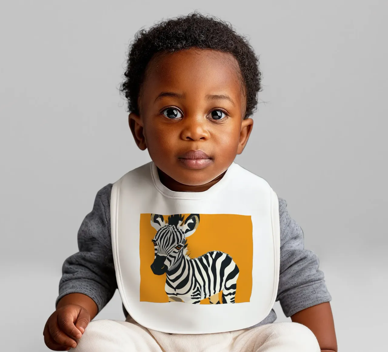 Cute zebra foal standing against a bright orange background baby bib by DesignDoodle