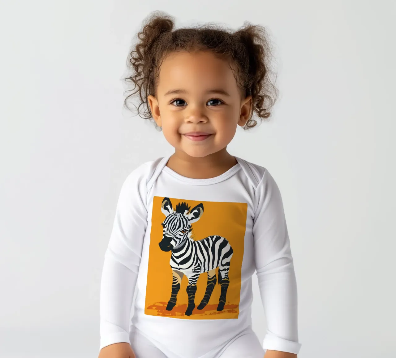 Cute zebra foal standing against a bright orange background long-sleeve baby romper by DesignDoodle